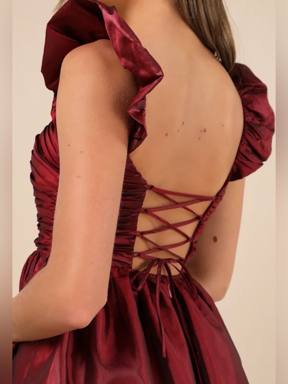 NWT Lulus Burgundy Square-Neck Taffeta Lace Up Back Midi Dress - Picture 3 of 10